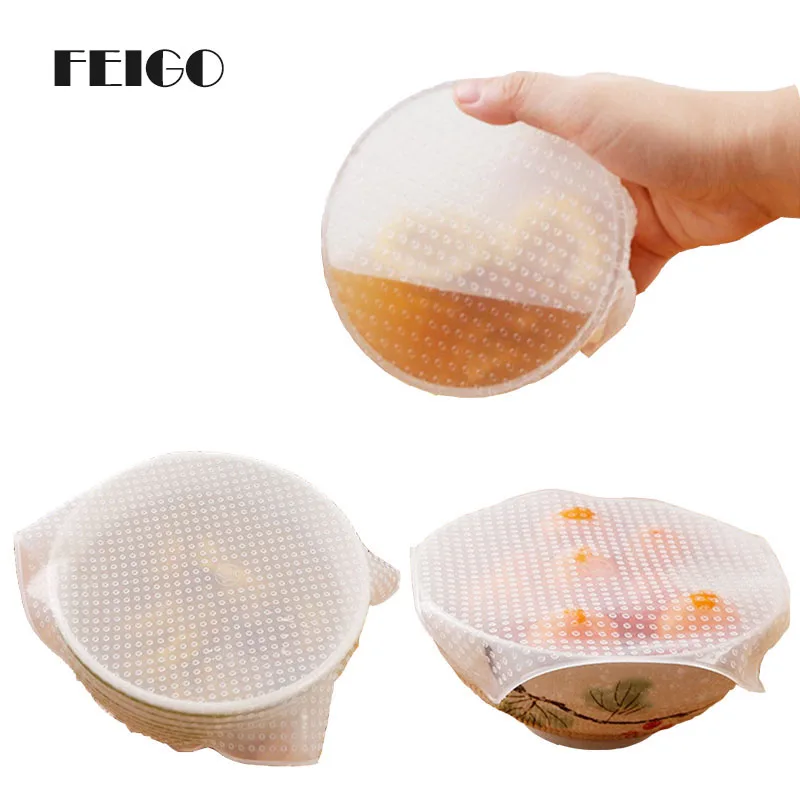 

FEIGO 1PC-3PC Transparent Organic Silicone Vacuum Stretch Cover Food Freezer Microwave Multi Cover Reusable Kitchen Package F949