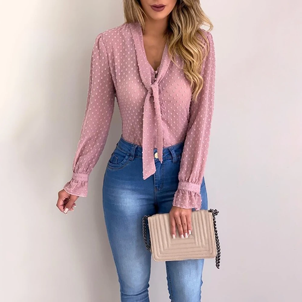 

LASPERAL Plus Size Women Bow Tie Neck Polka Dot Blouse 2019 Spring Casual Pearls Button Blouses Office Lady Workwear Blouse