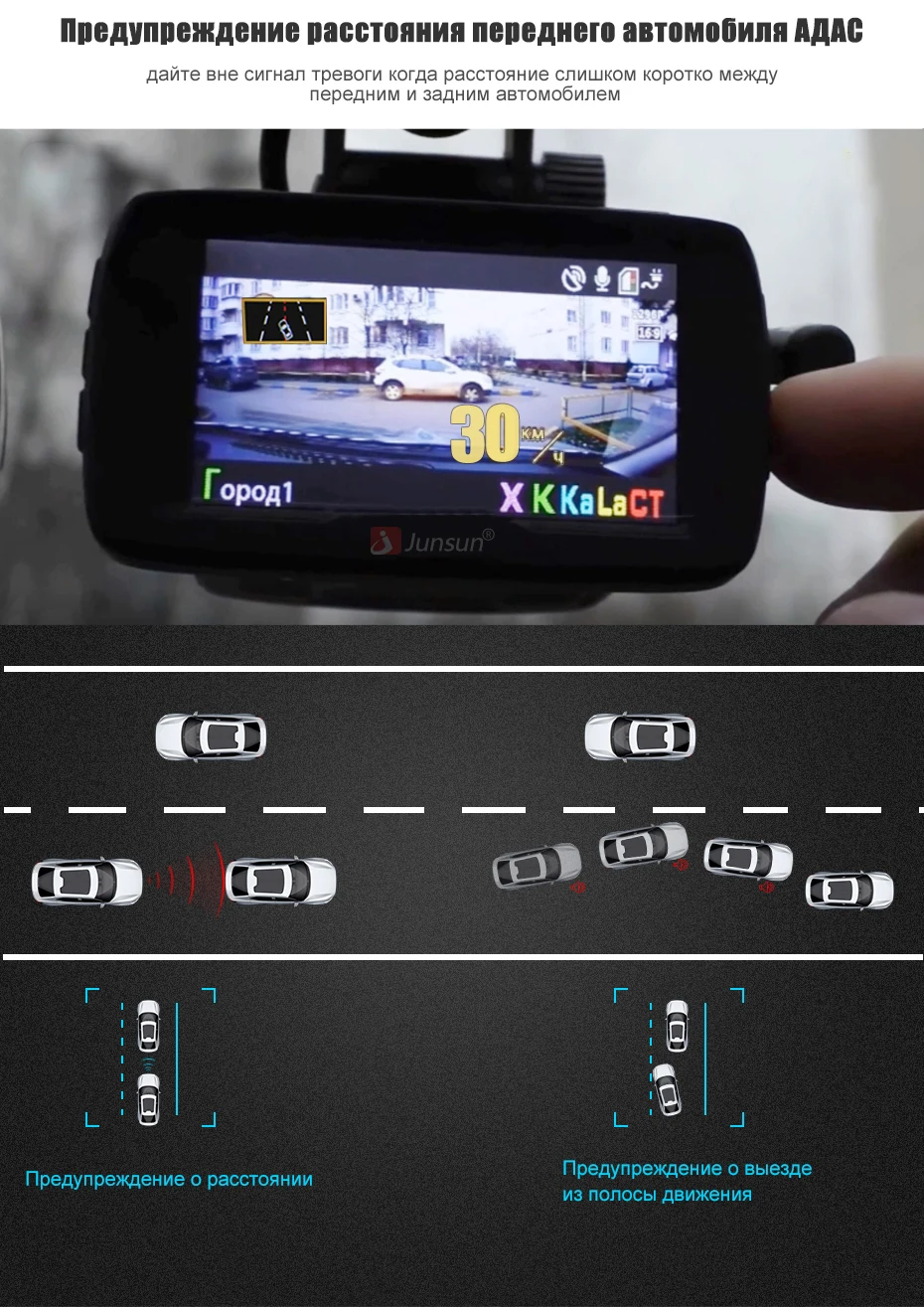 Junsun L2 Автомобильный видеорегистратор Камера 3 в 1 радар детектор 2304 × 1296p gps LDWS 1080P регистратор видео регистратор
