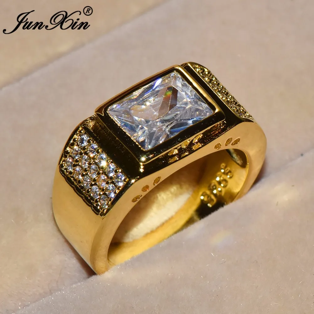 

JUNXIN Luxury Male Female White AAA Zircon Stone Ring Fashion Yellow Gold Filled Jewelry Vintage Wedding Rings For Men And Women