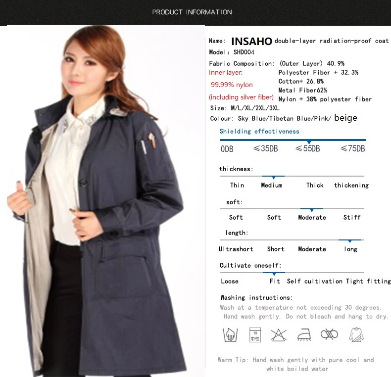 Genuine INSAHO women eletromagnetic radiation proof hooded coat,Double layer metal fiber strong material to protect well.SHD004D genuine insaho camouflage silver fiber radiation resistant coat emf shielding efficiency 55db double fabric shd017