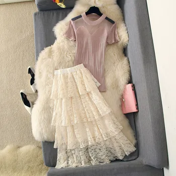 

Fashion Lace Skirt Suit Ladies Perspective Shoulder Ice-silk T-shirt+ Womens Long Cake Skirts Set Summer Clothes Two Piece Suits