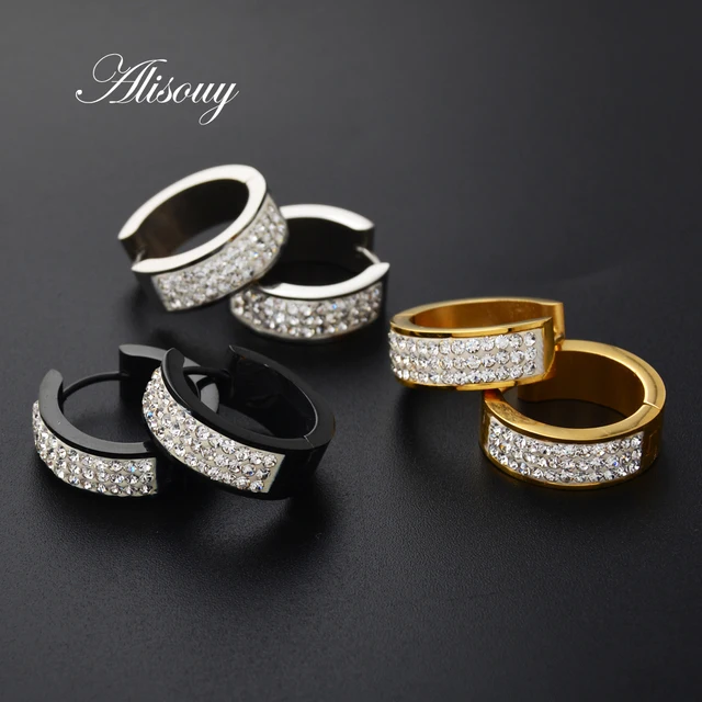 Punk Men Women Stainless Steel Hoop Earrings With Crystal Cz Gold Punk Men Women Stainless Steel Hoop Earrings With Crystal Cz Gold Silver Round Huggie