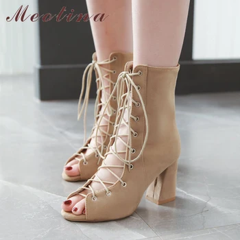 

Meotina Women Shoes Summer Boots Lace Up Cutout Thick High Heels Shoes Cross tied Peep Toe Sandals Female Black Plus Size 34-43