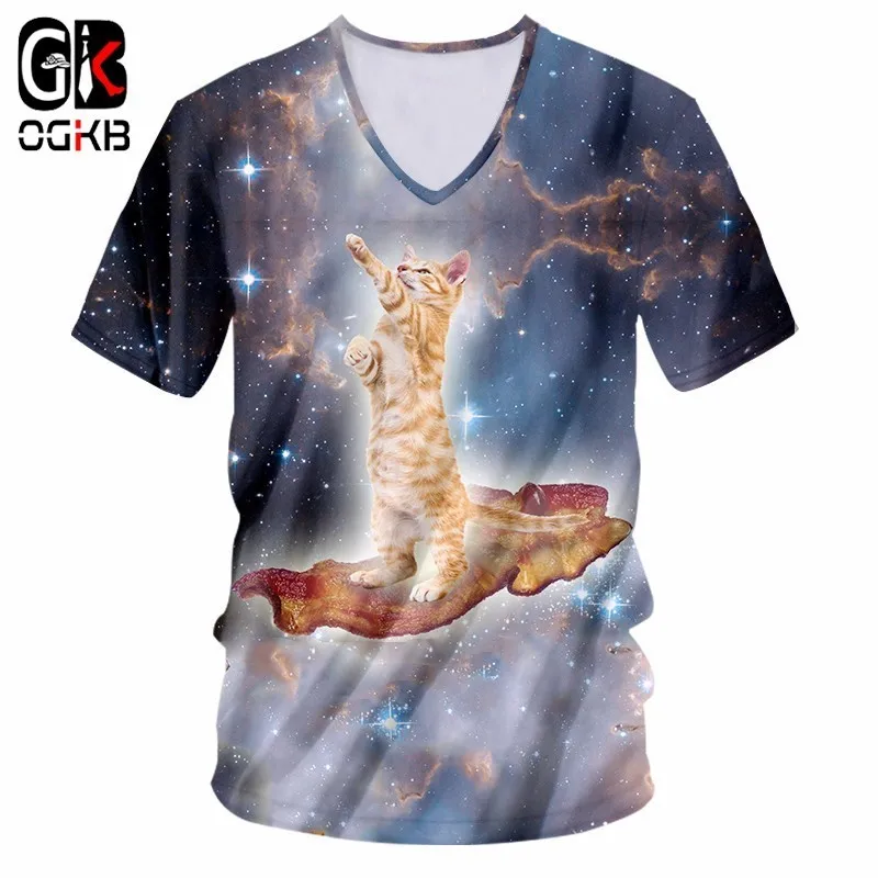 OGKB Men's V Neck Tshirt Funny Print Galaxy Space Cat 3D T-shirts Man Hiphop Streetwear Short Sleeve Unisex Tee Shirts Summer | Мужская