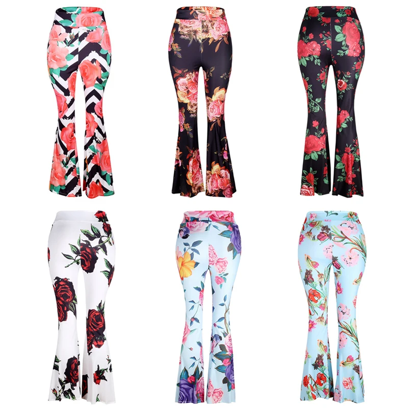 2018 Women New Fashion Vintage High Waist Flower Print Long Flare Pants Multi-Color Casual Boho Hippie Pants Hot Pants