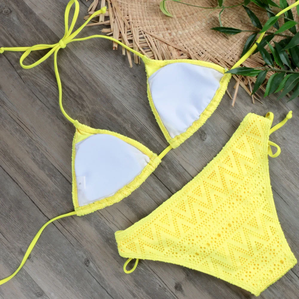 Kaufen 2019 mädchen Sexy Spitze Bikini Set Bademode Gelb Push Up Badeanzug Monokini Weibliche Bademode Micro Brazilian Bikini Badeanzug