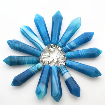 

2017 New Hot Selling Fashion Natural Stone Pillar Points Pendant Blue Agates Onyx Charms For Women Jewelry Wholesale 12pcs