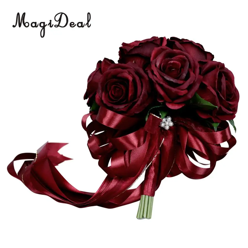 MagiDeal Romantic Rose Flower Wedding Bridal Bouquet Hand Holding Flower Wine Red
