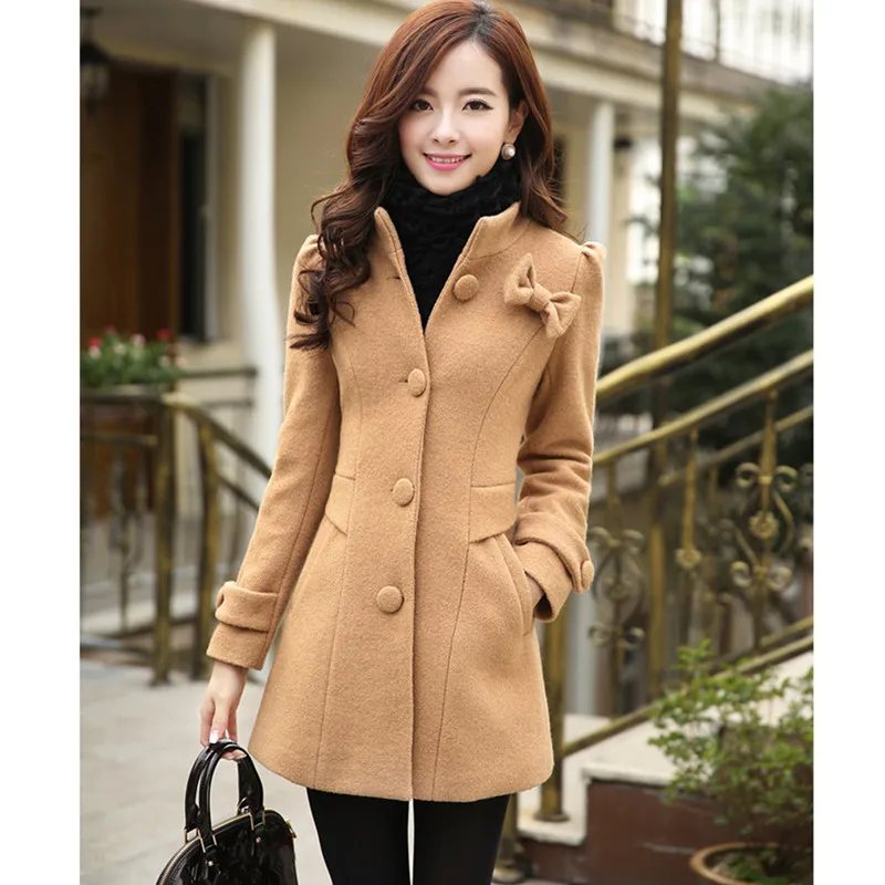 UHYTGF Модная тонкая женская шерстяная куртка новая зимняя верхняя одежда женское однобортное шерстяное пальто с воротником-стойкой и бантом 903