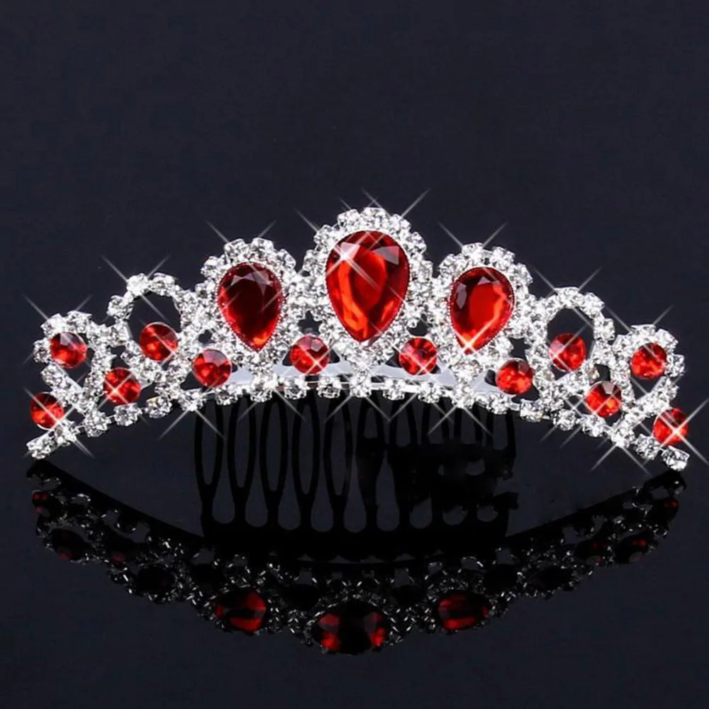 Милый Кристалл гребень для волос корона принцессы из страз день рождения диадемы для девочек детские украшения для волос модные аксессуары - Окраска металла: red