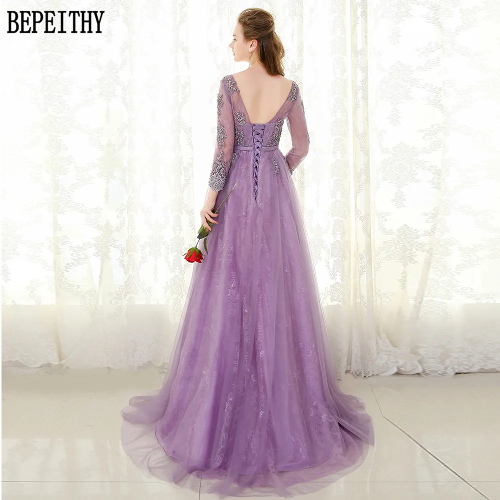 BEPEITHY vestido de festa Лавандовый А-силуэт Тюль v-образный вырез Бисер Аппликация вечернее платье Вечерние Элегантные Длинные Выпускные платья