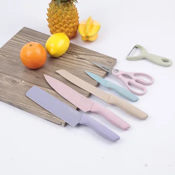 

EVERRICH ER-0278 6PCS Kitchen Knife Set Corrugated Colorful Stainless Steel Chef Knife Bread Knife Cleaver Scissors Kitchen Bar