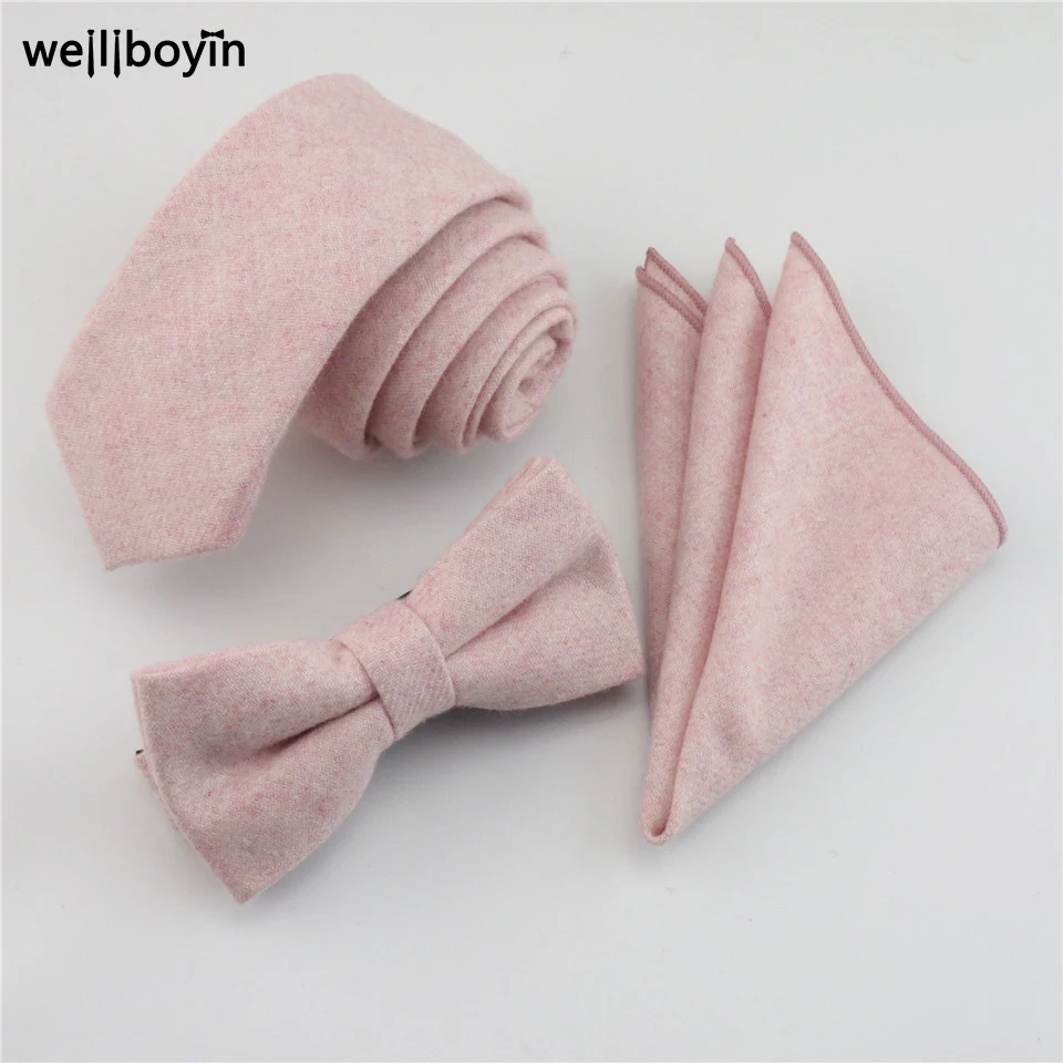 100% Wool Pink Tie Set Men's Ties Bowtie Pocket Square Handkerchief Suit Set For Men Wedding Party