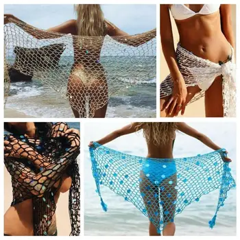 

Sexy Women Beach Mesh Cover-up Bikini Sarong Wrap Pareo Sequin Triangle Shawl 2019 Summer Swimwear Women Biquini
