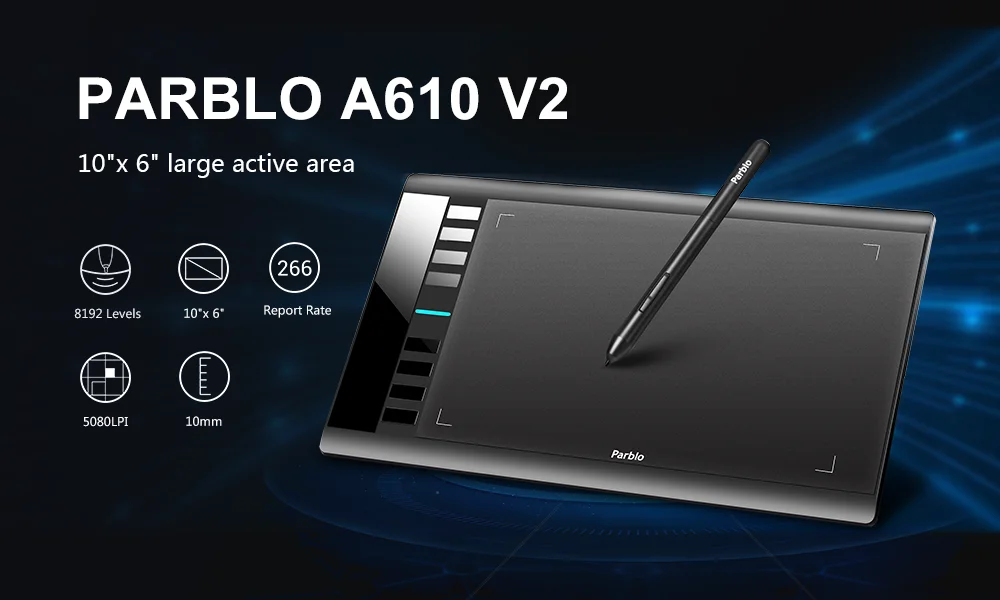 Parblo A610 V2 Цифровой Планшет графический планшет для рисования планшет с 8192 уровневой пассивной ручкой 8 горячих клавиш совместим с Windows и Mac