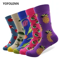 5 pair lot Novelty Men s Combed Cotton Socks Fruit Flower Patterns Long Crew Happy Colorful