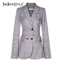 TWOTWINSTYLE, элегантный клетчатый Блейзер, зубчатый воротник, длинный рукав, пояс, туника, двубортное пальто, женская модная одежда