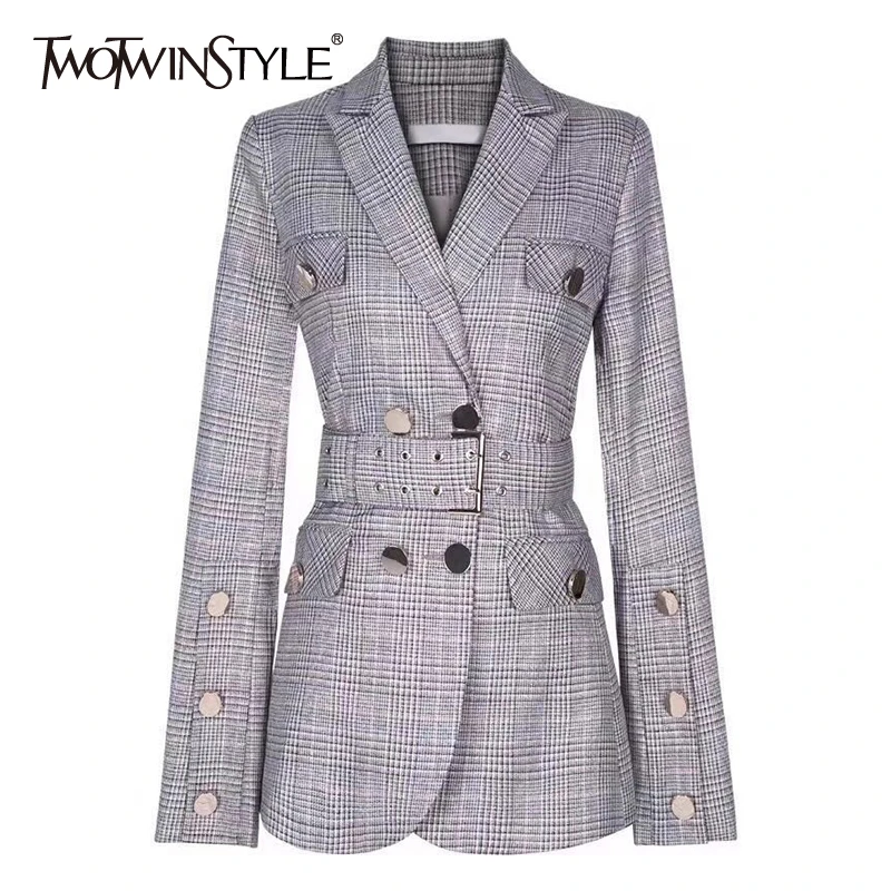 

TWOTWINSTYLE Elegant Plaid Blazer Notched Collar Long Sleeve Sashes Tunic Double Breasted Coats Female Fashion Clothing 2019