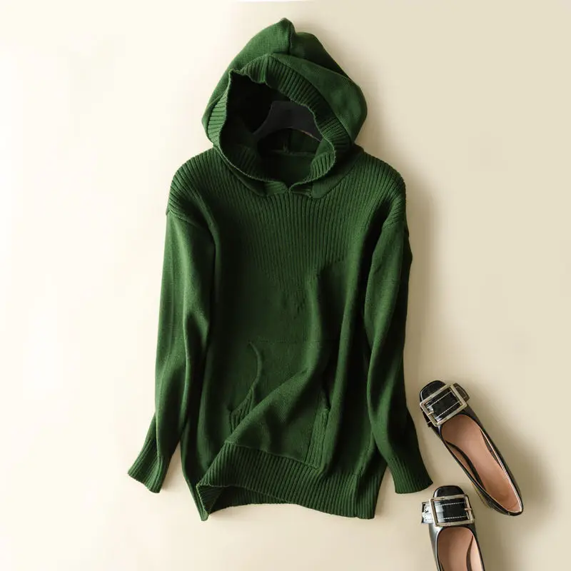 MERRILAMB, женские свитера с капюшоном, Осень-зима, кашемировые шерстяные пуловеры с длинным рукавом, ребристые локоть с карманами, топы, верхняя одежда - Цвет: Армейский зеленый