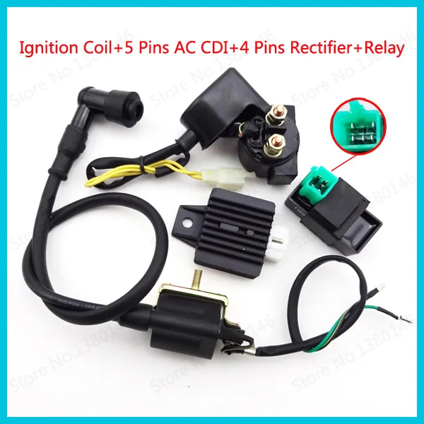 

5 Pins AC CDI Ignition Coil 12V Start Relay 4 Pin Voltage Regulator Rectifier For 50cc 70cc 90cc 110cc Dirt Bike Motorcycle ATV
