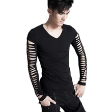 Steampunk Black Long Sleeve T-shirt Gothic Punk Men Hole Tshirts Slim Fit Brand Clothing Autumn Winter Cotton Streewear