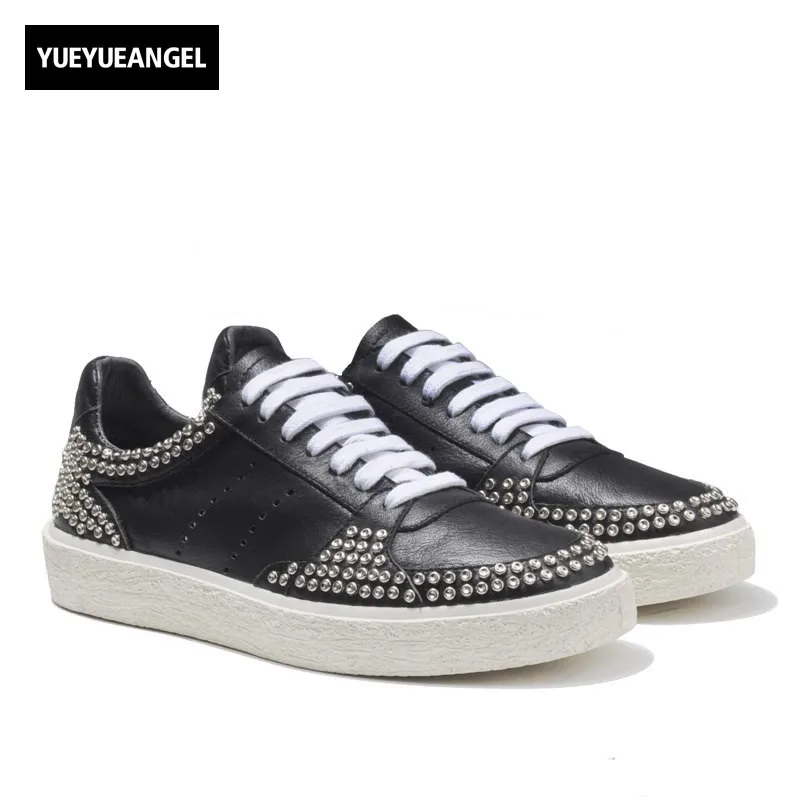

Brand Designer Casual Cow Real Leather Shoes Rivet Beads Fashion Low Cut High Street Footwear Platform Lace Up Trainer Sneakers