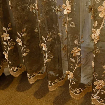 

European Pearl Embroidery Flower Beige Sheer Voile Cortinas For the Living Room Coffee Curtain Tulle For Bedroom Balcony