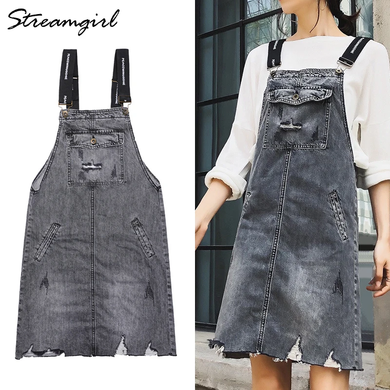 

Streamgirl Gray Denim Skirt Overalls For Women Ripped Jeans Skirts With Straps Summer 2019 Midi Skirt Summer Jeans With Pockets