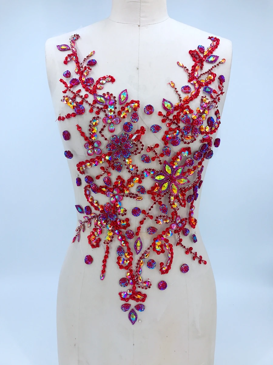 

handmade crystal patches sew on red rhinestones applique on mesh trim for dress front and back