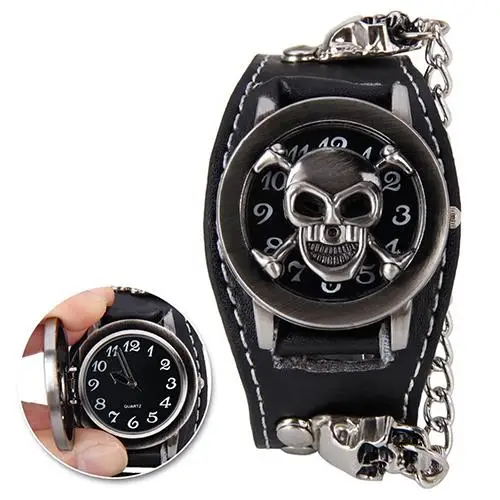 Men Black Punk Rock Chain Skull Faux Leather Bracelet Cuff Gothic Wrist Watch Men Black Punk Rock Chain Skull Faux Leather Bracelet Cuff Gothic Wrist Watch