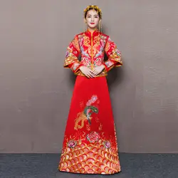 Китайский традиционный дракон феникс вышивка свадебное платье Qipao красная Невеста винтажный Свадебный чонсам, Восточный стиль платья для