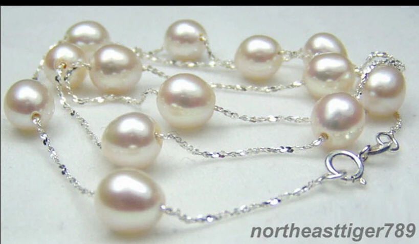 

Hot sale Free Shipping>>>>925 Sterling Silver Real 9--10 mm White Pearl Necklace
