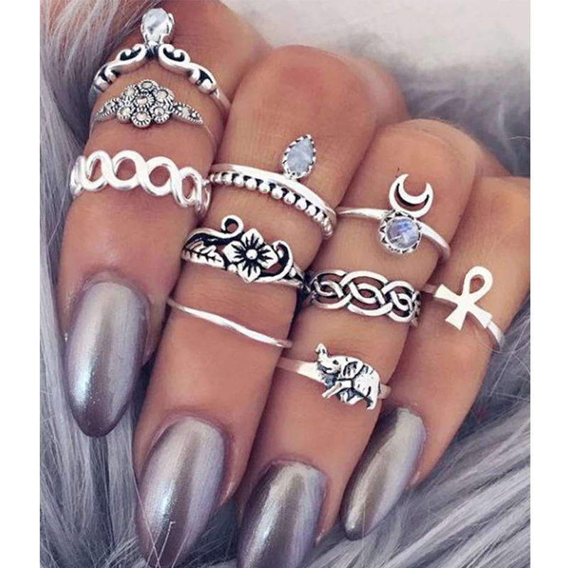 

Lalynnly 10pieces/Set Bohemian Flower Ring Sets for Women Silver Color Summer Beach Punk Elephant Knuckle Women Ring R00411