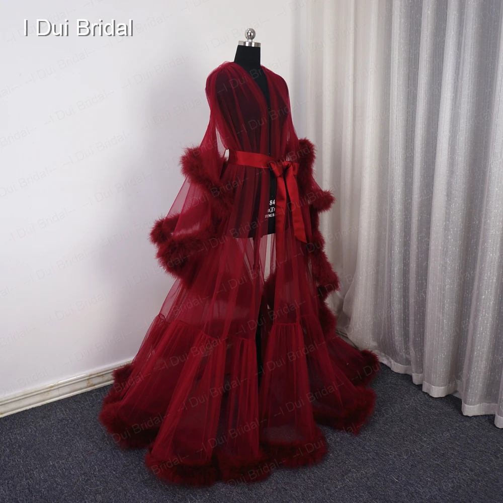 Burgundy Feather Robe Boudoir Tulle Illusion Bridal Robe Long Gift for Bride Homecoming Party Dress