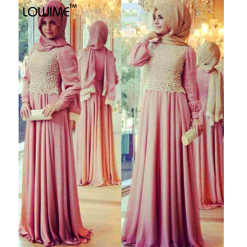 Lace Muslim Arabic Pink Evening Dress Long Sleeve Prom Dresses With font b HiJab b font