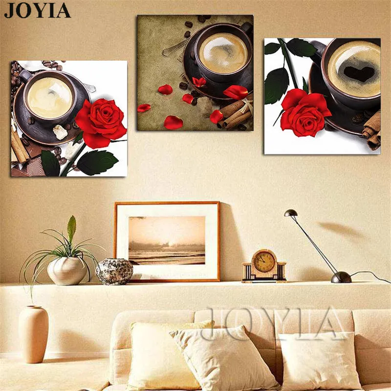 

3 Piece Modern Red Rose Fragrant Cafe Paintings Canvas Cuadros Decorative Wall Pictures Art Print For Home Kitchen No Frame
