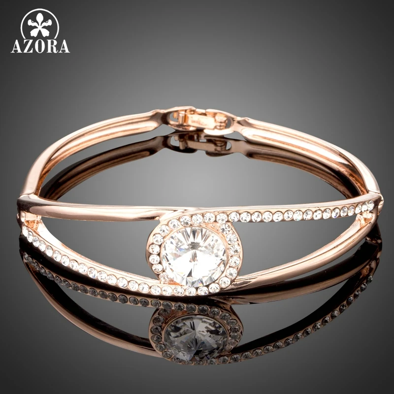 

AZORA Unique Simple Design Bangles Clear Stellux Austrian Crystal Rose Gold Color Fold Over Clasp Charm Bracelets TB0087