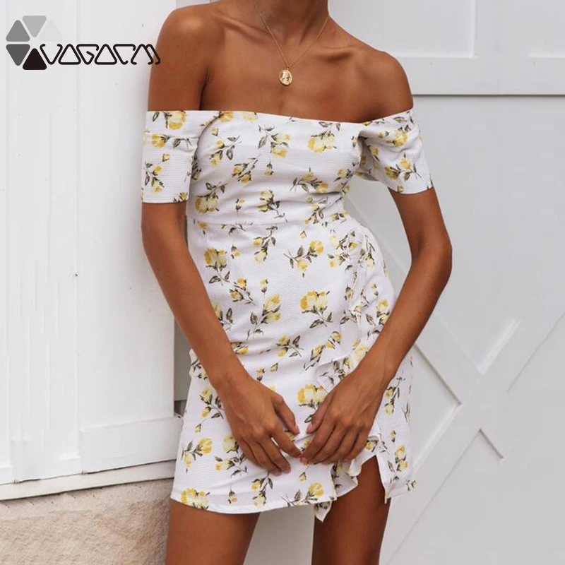

Women Off Shoulder Boho Dresses Yellow Floral Print Beach Party Dress Slash Neck Package Hip High Waist Sundress