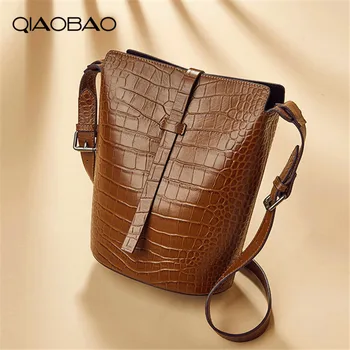 

QIAOBAO 100% Cowhide Leather Composite Bag Women Crocodile pattern Tote bag Shoulder Messenger Bags Retro Fashion Bucket Bag