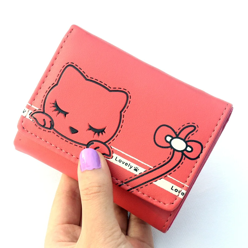 Милый женский кошелек из искусственной кожи, Маленький милый кошелек для женщин, розовый студенческий кошелек с кошкой, 3 сложения, короткий кошелек для девушек