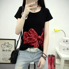 Летняя Стильная хлопковая Футболка с блестками и красным бантом, повседневная приталенная женская рубашка с коротким рукавом черного/белого/серого цвета, топы размера плюс