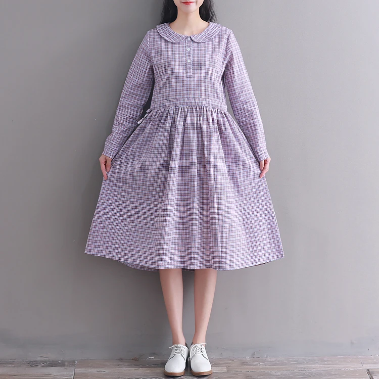 

Spring autumn women plaid dress new fashion peter pen collar long sleeve vintage Vestidos cotton linen dress