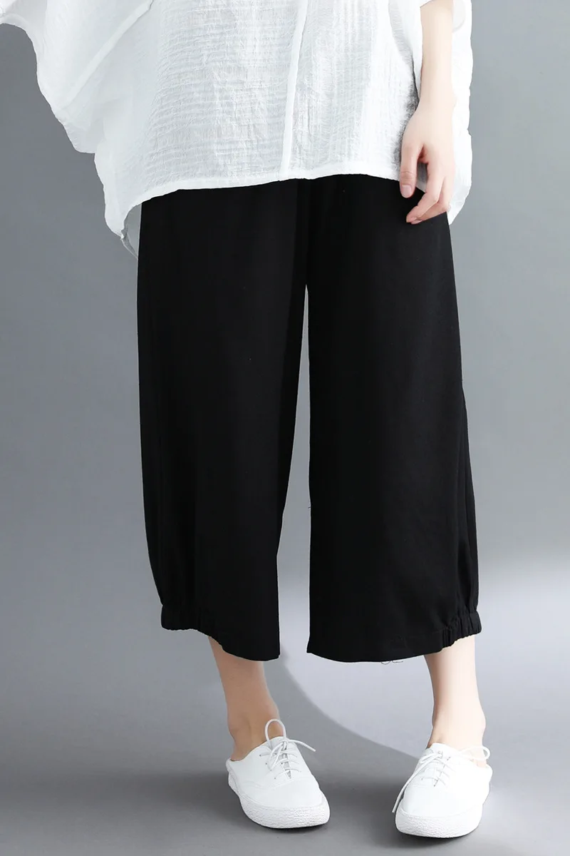  LZJN 2019 New Cotton Linen Soft Wide Leg Women Pants Elastic Waist Solid Color Summer Loose Trouser Plus Size Capris with Pocket (20)