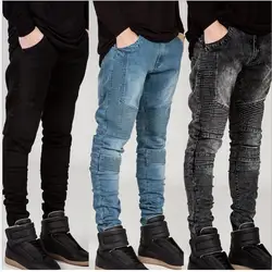 Защита колена Дешевые панк-рок мужской мотоцикл джинсовые штаны Для мужчин Тощий плиссированные Байкер Джинсы для женщин Jogger черный серый
