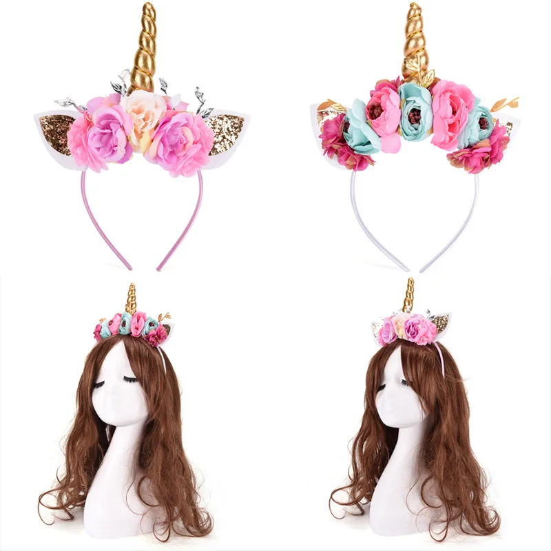 Chrismas Unicorn Horn Headband Fashion Girls Chiffon Flower Hairband Birthday Party Headwear