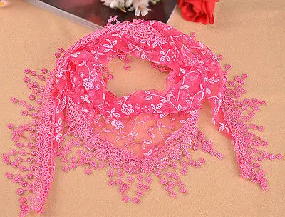 Hirgin, Модный женский треугольный цветочный шарф, чистый кружевной треугольный шарф с кисточками, шифоновый палантин, мягкие шарфы - Цвет: Розово-красный