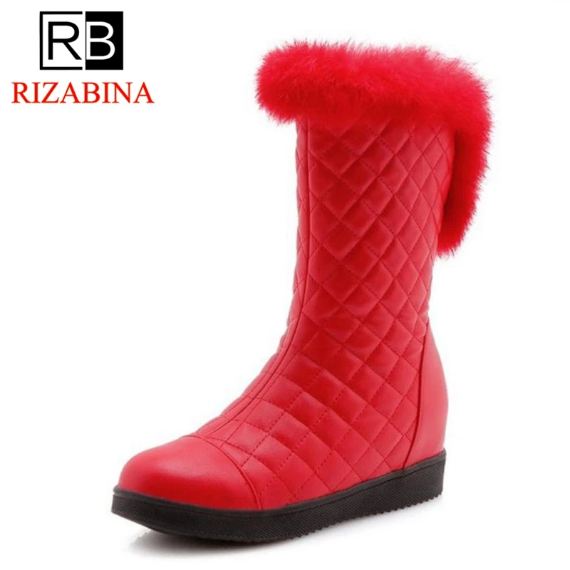 

RizaBina Women Plush Fur Mid Calf Boots New Fashion Round Toe Winter Shoes Woman Warm Inside Heels Short Boots Size 31-41
