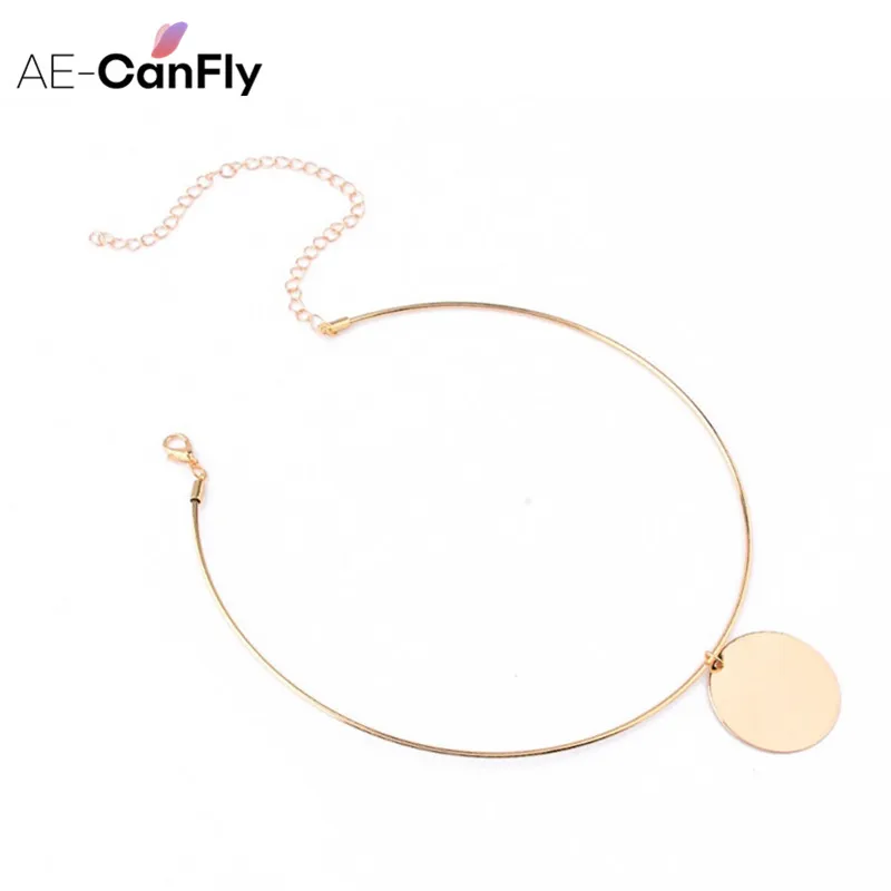 AE-CANFLY Simple Big Circle Collar Necklace Cuff Gold Tone Metal Round Choker SALE 1L2009 | Украшения и аксессуары
