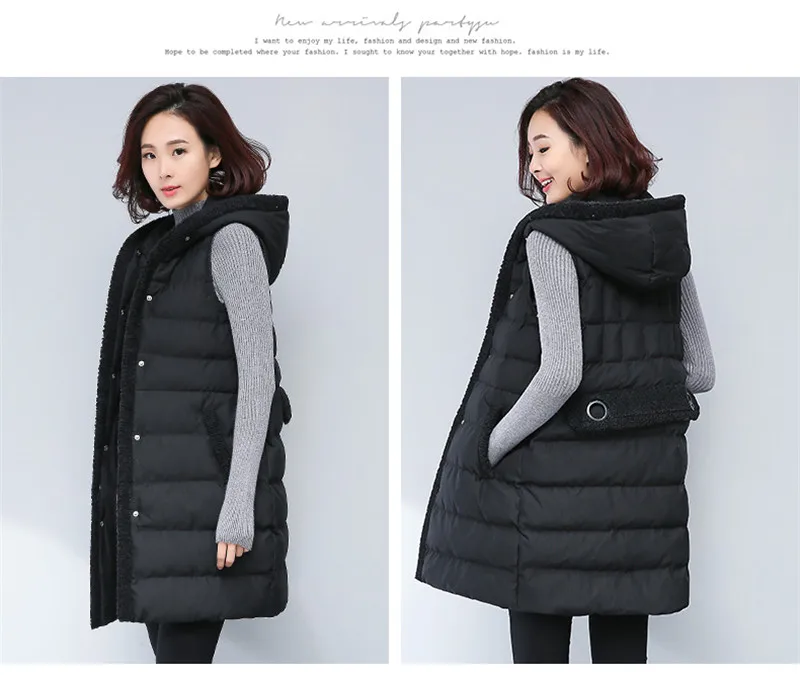 Осень зима корейский женский длинный жилет с капюшоном хлопковое пальто свободный большой размер однобортный толстый без рукавов парка LQ204